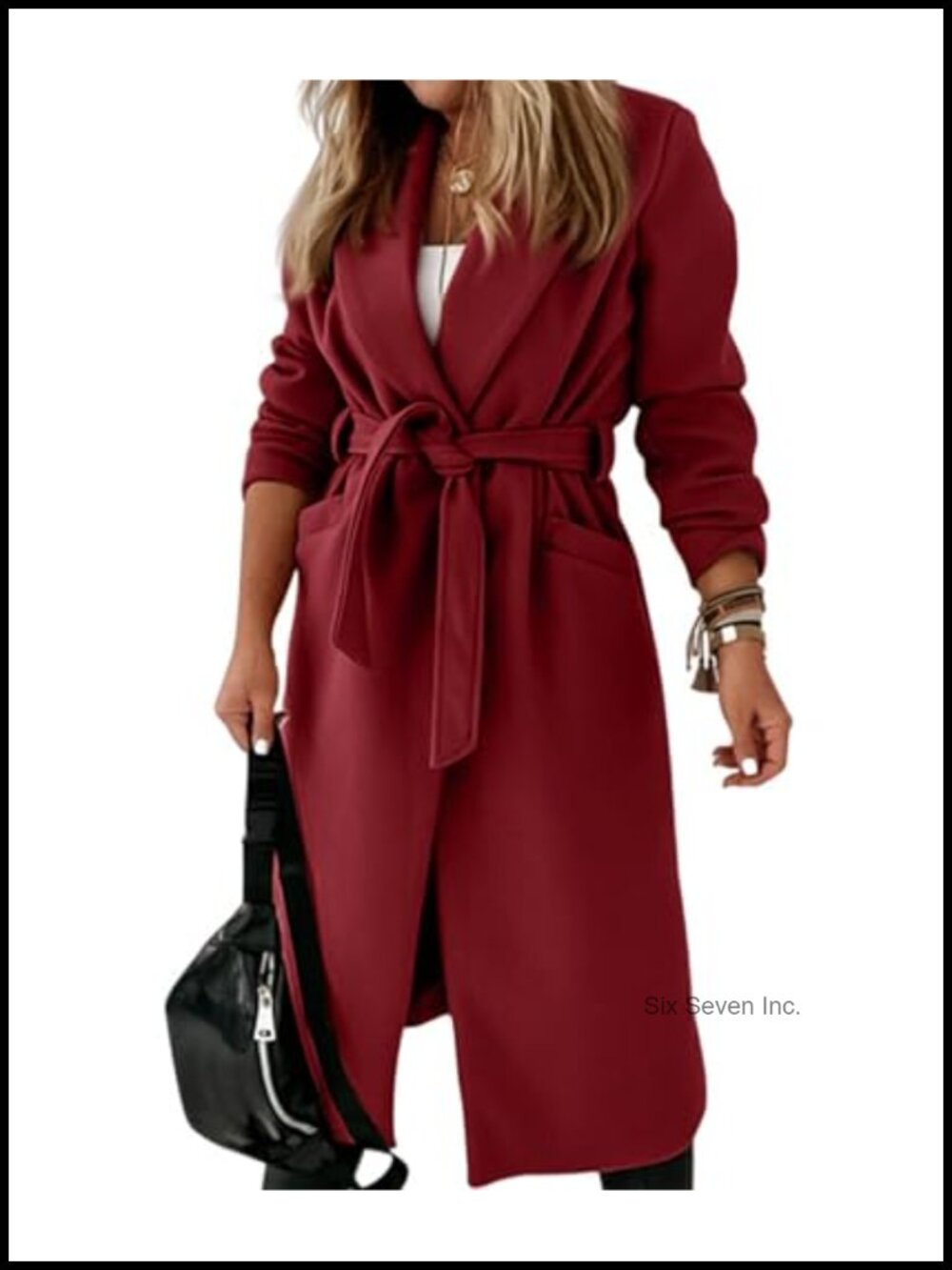 Wool Blend Pea Coat Open Front Belted Maxi Trench Coat Long Sleeve